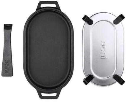 ooni Sartén Sizzler de hierro fundido, sartén para plancha, 31 cm x 16 cm, con mango extraíble y salvamanteles de acero inoxidable, utensilios de cocina antiadherentes presazonados, aptos para horno