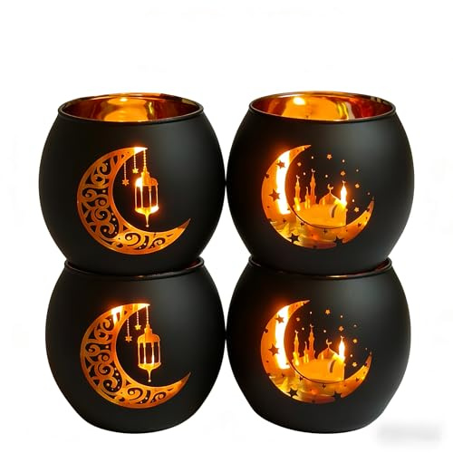 Black and Gold Ramadan Mubarak Decorations for Home - Set of 4 Glass Tealight Candle Holders, Eid Mubarak Table Centerpiece, Islamic Mosque & Lantern Silhouette Votives, Ramadan Kareem Gifts
