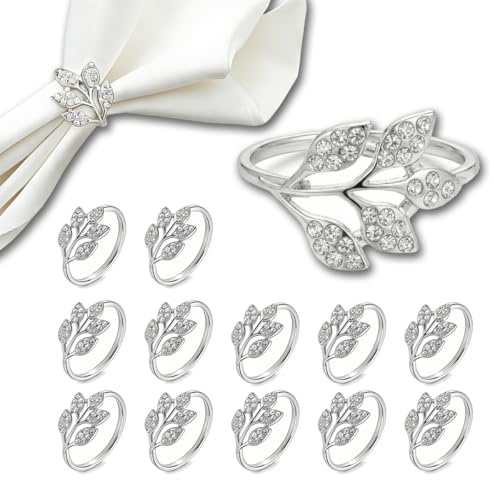 Servilleteros Individuales Diseño Hoja 12 Piezas, Anillos para Servilletas Plata, Hebillas de Servilletas, para Bodas, Cenas, Hoteles,Festivales, Comedores,Navidad,San Valentín, Pascua, Acción
