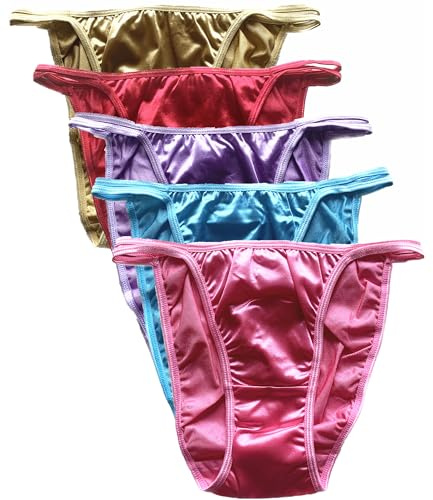 Queen Star Pack of 5 Women's Satin Tanga Bikini Briefs Knickers High Cut String Panties