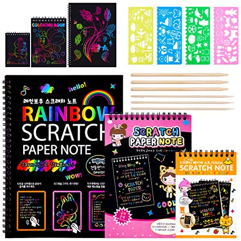 MELLIEX Scratch Art Notes per Bambini, Set di 3 Blocco da Disegno Arcobaleno Scratch Paper Con 6 Penne Stilografiche in Legno e 4 Righelli Da Disegno per Disegni, Giochi e Scrittura