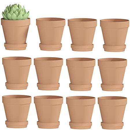 Fcacti 3 Inches Small Terracotta Pots with Saucer, 12 Pack 3 Terra Cotta Planter with Drainage Holes, Small Clay Flower Pots for Plants, Succulents, Crafts, Wedding Favor