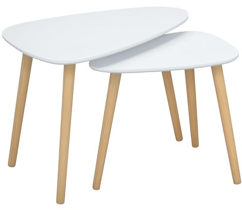 HOMCOM Lot de 2 Tables Basses gigognes Design scandinave Pieds en Bois et Plateau en Bois, Blanc