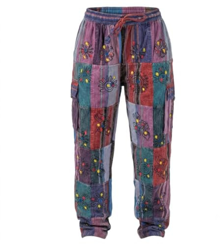 Ezhippie Handcrafted Hippie Patchwork Pants for Men, 100% Cotton Summer Festival Bohemian Clothes, M Multicolor