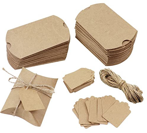DAGORD 50 Stück Kraftpapier Geschenkkarton + 50 Stück Kraftpapier Etiketten Tags + 20m Schnur, Kleine Geschenkschachteln zum Befüllen Kraftpapier Geschenk Box für Süßigkeiten Nuss Hochzeit - Braun