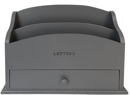 GreyZouq Wooden Letter Rack with Drawer and Two Compartments, Vintage Letter Holder, Mail Organiser, Wooden Desk Organiser, Desktop Storage for Home Office, Hallway & Study, Dark Grey