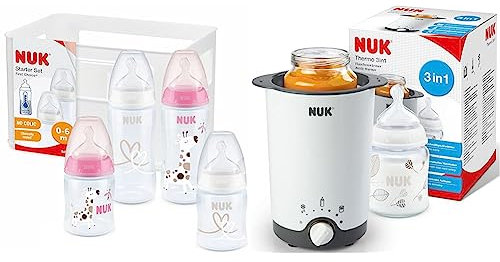 NUK First Choice+ Babyflaschen Starter Set | 0–6 Monate | 4 Flaschen mit Temperature Control & Flaschenbox | Anti-Colic Air System | BPA-frei | 5-teilig | rosa & Thermo 3 in 1 Flaschenwärmer