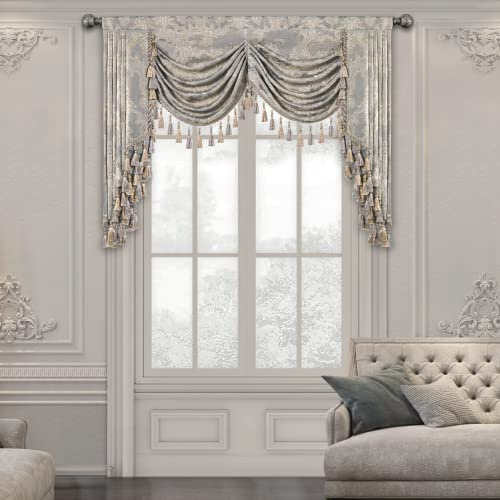 TOPLUXE Swag Valance for Windows, Jacquard Waterfall Valance with Tassels, Short Curtain for Bedroom Living Room Kitchen, Rod Pocket (Width 150cm, Light Grey)