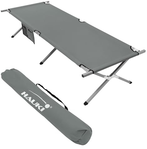 Hauki hopfällbar campingsäng, grå, 210x83x46 cm, XL campingsäng med bärväska, sidoväska, metallrör, lastkapacitet upp till 150 kg, bärbar gästsäng, utomhus, camping liggstol stabil