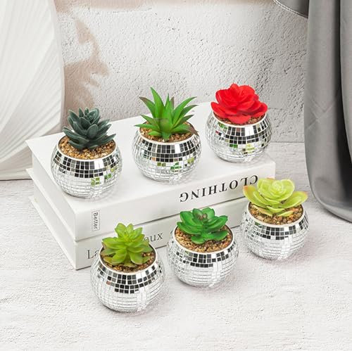 Qiumyanlod Discokugel-Pflanzgefäß, Glas-Discokugel-Blumentopf, silberfarbener Spiegel-Pflanzgefäß, Disco-Pflanzenhalter, Discokugel-Vase, Boho-Disco-Dekor für Zimmerpflanzen, Sukkulenten, Kakteen,