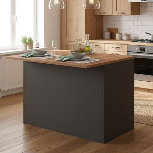 Dmora - Isola da cucina Emmanuel, Armadio multiuso, Mobile per cucinotto, Tavolo ausiliario, 100% Made in Italy, 125x90h90 cm, Antracite e Rovere