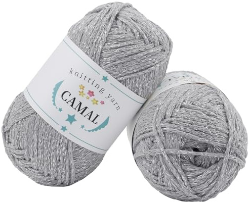 CAMAL 2 Stück Baumwolle zum Häkeln, 200g Glitzern Häkelwolle Baumwolle für Taschen Weich Funkelnd Tshirt Garn für Häkel & Strickgarn, Metallic Häkelgarn für DIY Handtasche (Silber Grau)