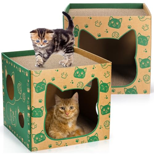 Pumtus Paquete de 2 casas de cartón para gatos, casa de juego para gatos con 2 almohadillas para rascar, cueva escondite corrugada para gatos, bonita caja de condominios para gatos, juguete rascador