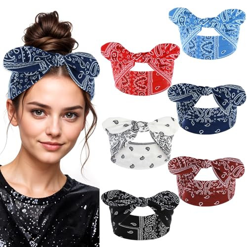 JIEYAO 6 Stück Paisley Stirnbänder Damen, Bogen Haarbänder Breite Elastische Boho Stirnband Haarschleife Bandana Knoten Haarband Kopftuch Print Haarschmuck 90er Jahre Outfit Mädchen Frauen Accessoires