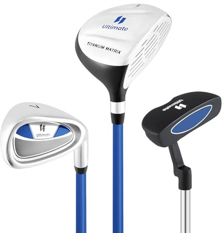 ULTIMATE Kids Golf Clubs Set, 3 Pieces Junior Practice Golf Clubs for Boys and Girls - Includes 165CC #3 Fairway Wood, #7 Iron, Putter & Head Cover, Right Handed (Blue, Age for 11-14)