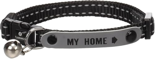 Flamingo Collier pour Chat Jaggo Noir – 20-34cm x 10mm x 2mm – Nylon Doublé et Fermeture Clip Solide – Confort Quotidien – Résistant et Léger – Réglable en continu, Réfléchissant et avec Clochette