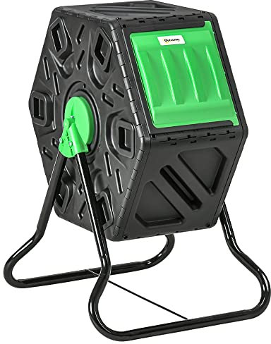 Outsunny Compostador Giratorio 65L Contenedor de Compostaje de Jardín con Aberturas de Ventilación Doble Cámara Compostadora Patas de Acero 60x49x77 cm Negro y Verde