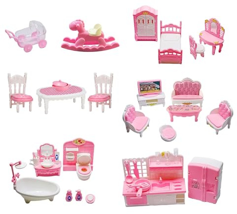 Fiotha Ensemble de Meubles de Maison de Poupée, 34 Pcs Accessoires de Maison de Poupée, Ensemble de Cuisine et de Salon, Jouets pour Garçons, Filles et Tout-Petits, Rosa