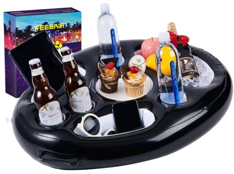 Inflatable Floating Snack and Drink Holder, 24.80×19.68 Inch Pool Float Tray, Lightweight PVC Portable Cooler for Pool Parties, Beach, Hot Tub, and Outdoor Summer Gatherings (Black)