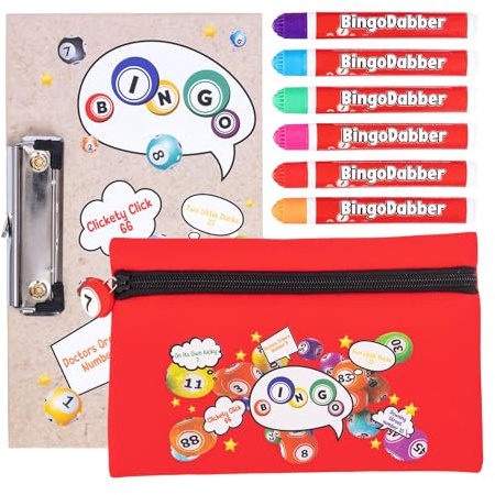 evelay Bingo Dabber - Set regalo con 6 Dabber per bingo, 1 lavagna da bingo con clip, borsa portaoggetti per bingo con numero fortunato, inchiostro antigoccia da 20 ml, 6 opzioni di colore, regalo per