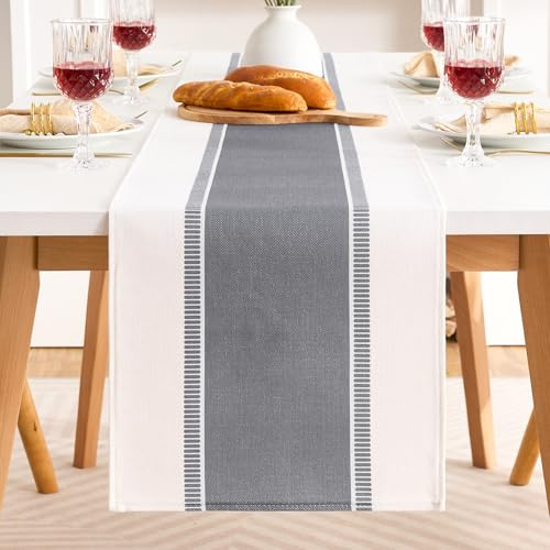 Runner Grigio da Tavolo con Ampie Strisce Grigio in Misto Cotone e Lino 40x140cm, Runner Tavola Centrotavola Moderno Design, Tovaglia Rettangolare Campagnolo per Tavolo da Pranzo, Credenza Ecc