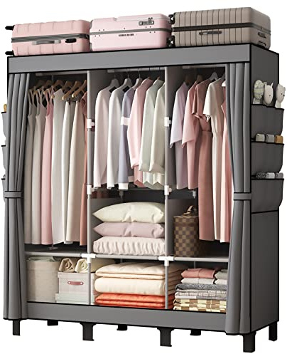 YasTant Canvas Wardrobe for Bedroom Fabric Wardrobe with 3 Hanging Rails, Portable Temporary Stable Base172 * 130 * 45cm (3 Columns, 130cm/51.2inch Width, Grey)