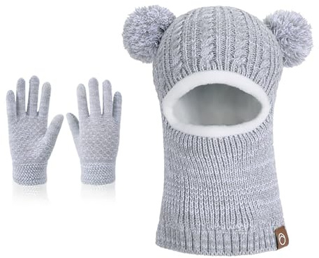 Generisch Bonnet d'hiver pour enfant - Bonnet et écharpe avec doublure en polaire pour enfants - Bonnet chaud pour garçons - Gants - Bonnet à enfiler - Bonnet à pompon pour bébé, Gris clair., 4-10