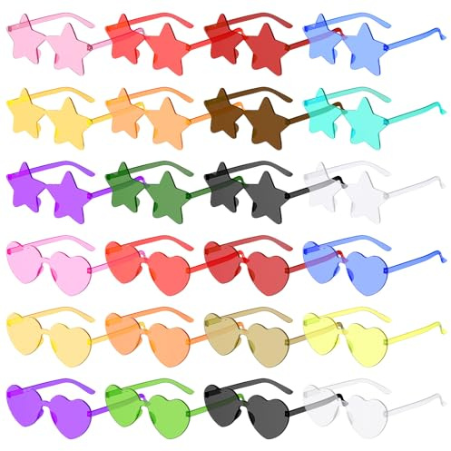 Ovneele 24 Pairs Heart Sunglasses Star Shaped Sunglass Party Glasses for Kids Adults, Colorful Rimless Sunglasses, Bachelorette Party Accessories Photo Booth Props Hen Party Festival Glass