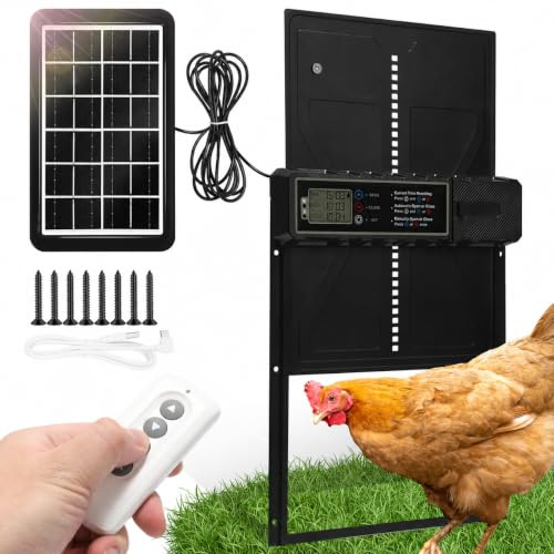 Fogmiea Automatisk kycklinglucka sol med LCD-display och fjärrkontroll | Elektrisk kycklinglucka med timer, hinderstopp, larm, USB-C, IPX4 för kycklingstall, klämskydd