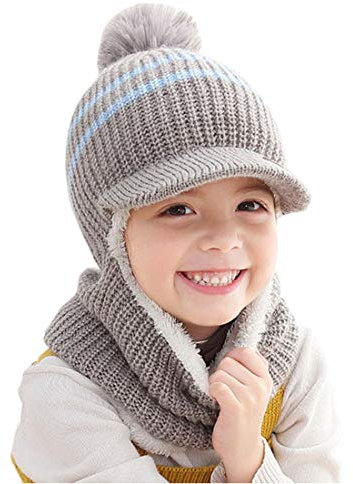 YONKOUNY Kinder Wintermütze Jungen Mädchen Warm Niedlich Strickmütze Schalmütze Schlupfmütze Beanie Mütze mit Fleecefutter (Grau)