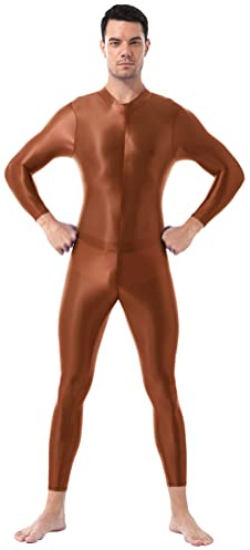 Alvivi Herren Body Overall Glossy Langarm Bodysuit Einteiler Jumpsuit Ganzkörperanzug Männerbody Sport Training Ganzanzug B Kaffee Einheitsgröße