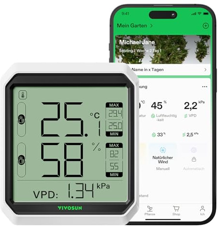 VIVOSUN AeroLab THB1 Wireless Bluetooth Hygrometer Thermometer Indoor, Smart Temperature Monitor, VPD, Digital Humidity Meter, LCD Remote Control & Alert, Data Storage, Dual Channels, Battery Included