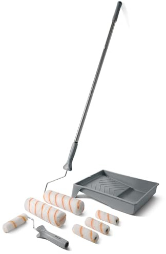 ROLLINGDOG Paint Roller Kit with Extension Pole - 9 Inch Paint Roller with Tray, 4Inch Mini Rollers,Stainless Steel Extension Pole (3ft)
