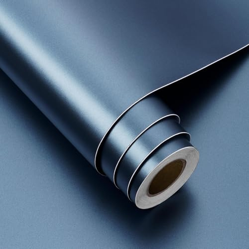 FunStick Satin Navy Blue Contact Paper Peel and Stick Wallpaper Thick Blue Contact Paper for Cabinets Desk Countertops Appliance Removable Metallic Wallpaper for Kitchen Refrigerator Vinyl Wrap 12x200