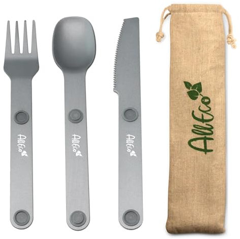 AllEco® Aluminium Campingbesteck mit innovativer Magnetverbindung und Stoff-Tasche für unterwegs | Outdoor Besteck Camping besteck Set to Go Besteckset nachhaltige Produkte Zero Waste Geschenkidee