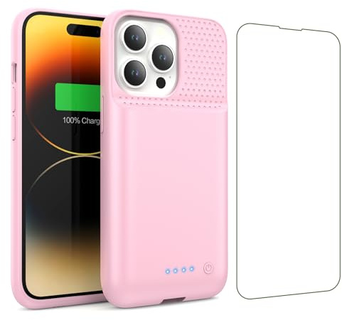 HETP Funda Batería para iPhone 13/13 Pro/14(6,1), 7500mAh Funda Cargador Portatil Carcasa de Carga Protectora Portátil, Ultra-Silm Carcasa Recargable de Carga Extendida para iPhone 13/13Pro/14-Rosa