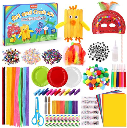 Pllieay Bastelset Kinder, 2000+PCS DIY Basteln Bastelkoffer, Bastelzubehör Bastelmaterial, Pfeifenreiniger, Pompons, Federn, Wackelaugen, Pailletten Bastelbedarf Basteln für Kleinkinder