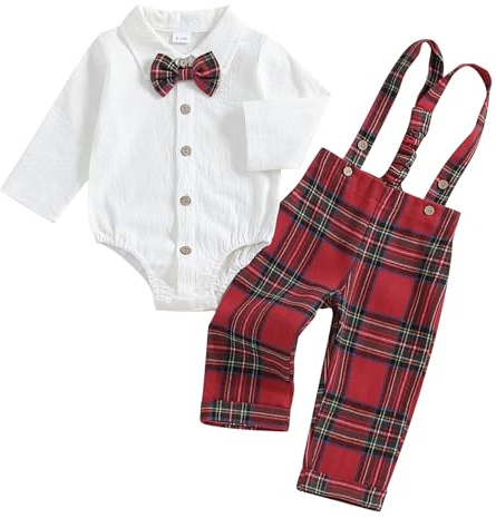MAHUAOYIXI Toddler Baby Boys Gentleman Outfits Lapel Neck Newborn Baby Boys Clothes Long Sleeves Romper and Plaid Suspender Pantsand Bow Tie Infant Boys 3Pcs Clothing Set (Red, 9-12 Months)