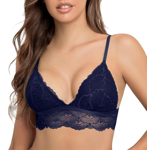SHEKINI Women's Triangle Bra Floral Lace Non-Wired Bralette Padded Cross Back Everyday Wear Brassiere, Navy Blue, Small