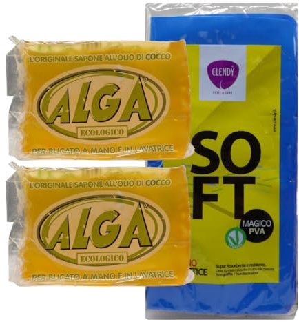 Sapone Ecologico: Naturale all'Olio di Cocco, Delicato sulla Pelle, Adatto per Lavatrice e a Mano, Ottima Azione Detergente, Biodegradabile - 400g (2 Saponi+1 Panno Lattice)