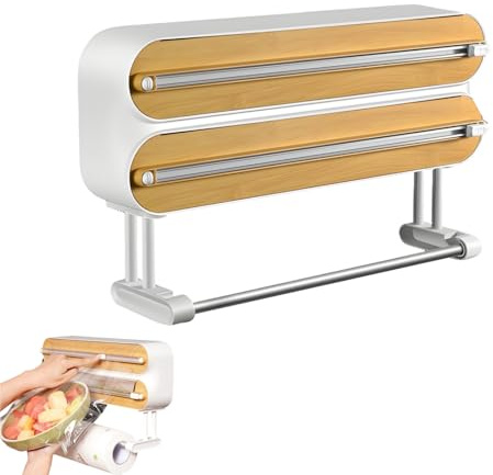 SOONHUA Dispensador de papel de aluminio de madera, dispensador universal mejorado y soporte para rollos de cocina, dispensador magnético de papel de cocina con dispositivo de corte, para plástico de