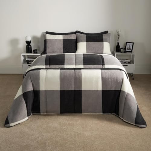 OHS Gingham Teddy Fleece 10.5 Tog Coverless Double Duvet, Soft Warm Duvet Double Washable Coverless Travel Camping Comfy Bed Set with Pillowcases - Grey