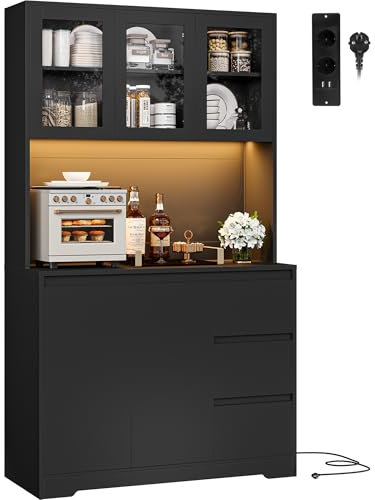 FirFurd Küchenschrank Buffetschrank mit LED Sideboard für Küche mit Steckdosenleiste Küchenschrank mit Arbeitsplatte und 3 Schubladen Küchenbuffet mit Verstellbares Regal 180x100x38.5 cm (schwarz)