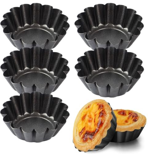 Molde de Tarta de Huevo, 5 Piezas Moldes Mini Tartaletas Acero Carbono, Antiadherentes Molde para Tartaletas, Redondo Molde para Quiche Tarta, DIY Herramienta Cocina, Negro, 7,5 x 2,3 cm