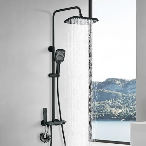 Cesinkin Colonne de Douche Noir Système de Douche Réglable en Hauteur Ensemble de Douche 4 Modes Spray Supérieur, Jet, Robinet, Douchette à Main Acier Inoxydable