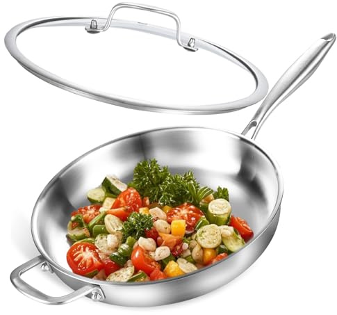 DELARLOCHEF Padella in acciaio inox a tre strati,30 cm,non rivestita,padelle per induzione,pentole ad alta e ottima efficienza energetica per steak,uova,12 pollici