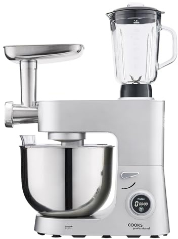 Cooks Professional Multi Function Stand Mixer 1800W with 8L Stainless Steel Bowl, Accessory Kit, Blender & Meat Mincer Capability, 8 Speed Settings, Pulse Function & Digital Control | Silver