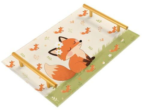 Fox Field Adventure - Bandeja decorativa con asas con asas para joyas, perfumes, bandejas de té, servir charola para comida