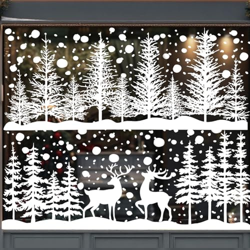 XIMISHOP 8 Sheets Christmas Window Stickers，Reusable White Xmas Forest Tree Window Decals Double-Sided PVC Christmas Static Cling Stickers for Winter Xmas Window Glass Display Decoration