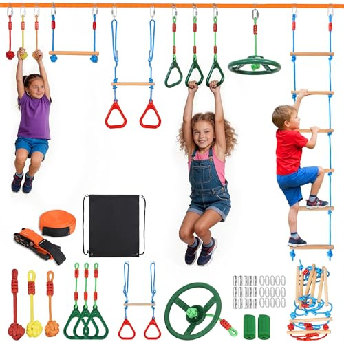 FREEAMG Slackline Set för barn, 15 m Ninja-hinderbana för flickor och pojkar, inklusive stegar, repknutar, ninjahjul, upphängningsringar, klätterstegar etc
